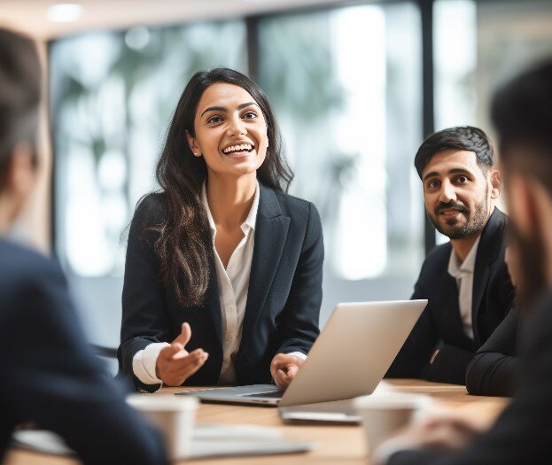 An asian female talking with her co workers